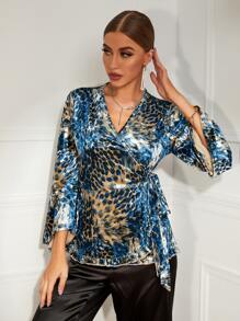 Leopard Print Knot Side Flounce Sleeve Sleep Top - Multicolor - View 1