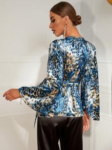 Leopard Print Knot Side Flounce Sleeve Sleep Top - Multicolor - View 2