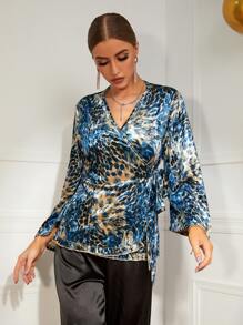 Leopard Print Knot Side Flounce Sleeve Sleep Top - Multicolor - View 3