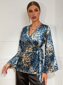 Leopard Print Knot Side Flounce Sleeve Sleep Top - Multicolor - View 5