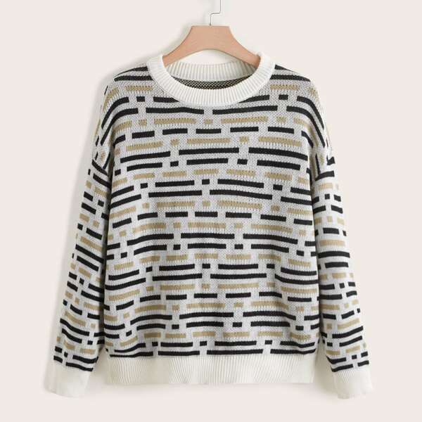 

Plus Geo Pattern Drop Shoulder Sweater, Multicolor