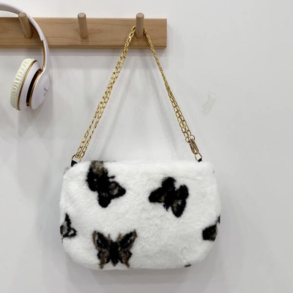 

Butterfly Graphic Fluffy Chain Shoulder Bag, White