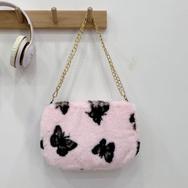 

Butterfly Graphic Fluffy Chain Shoulder Bag, Baby pink