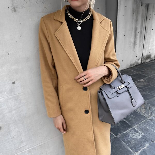 

Lapel Neck Button Front Overcoat Without Belt, Champagne