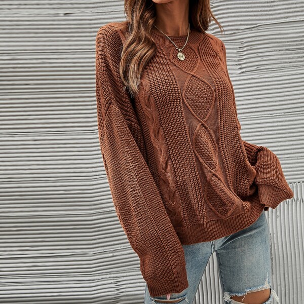 

Cable Knit Drop Shoulder Sweater, Rust brown