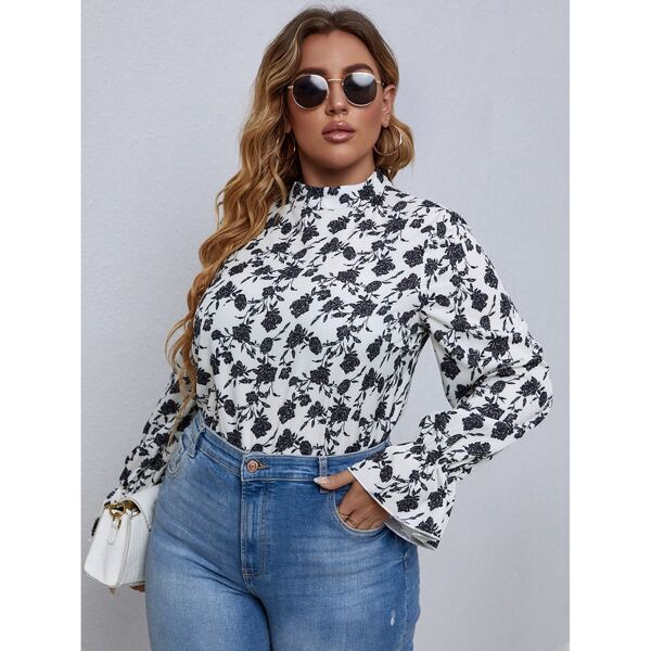 

Plus Floral Print Mock Neck Flounce Sleeve Blouse, Black and white
