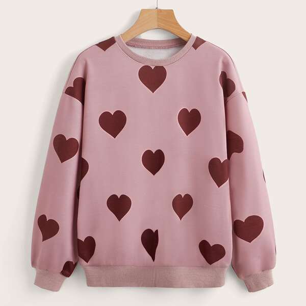 

Teen Girls Heart Print Drop Shoulder Pullover, Dusty pink