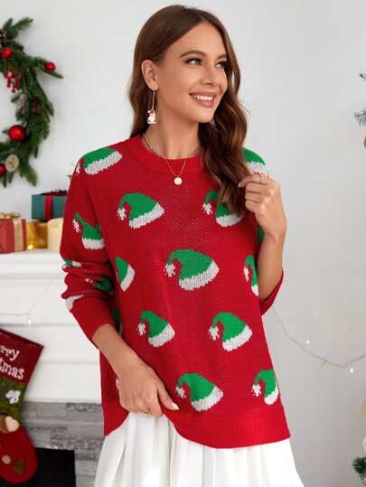 Christmas Hat Pattern Drop Shoulder Sweater
