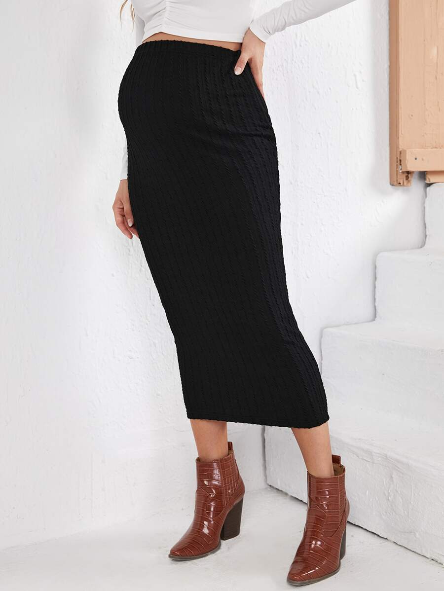 SHEIN 孕婦高腰麻花編織半身裙 - 黑色 - 查看 1