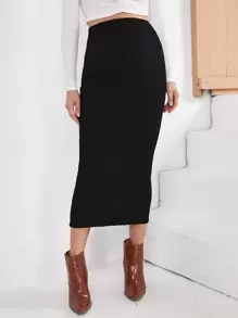 SHEIN 孕婦高腰麻花編織半身裙 - 黑色 - 查看 5