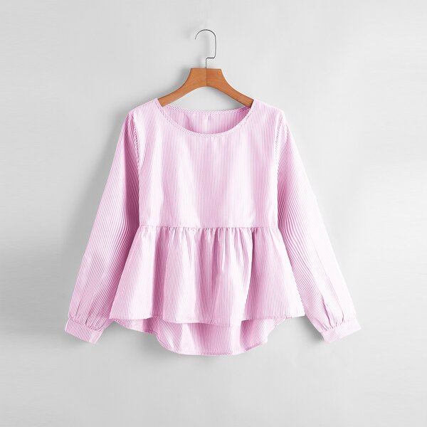 

Vertical Stripe Ruffle Hem Blouse, Pink