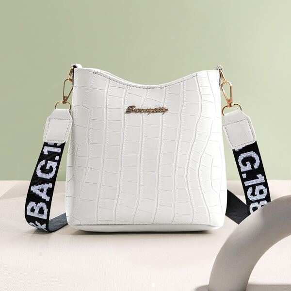 

Metal Letter Decor Croc Embossed Bucket Bag, White
