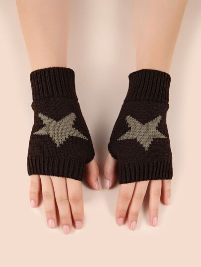 1 par de guantes cortos de punto para mujer con adornos de estrellas, elegantes y adecuados para uso diario