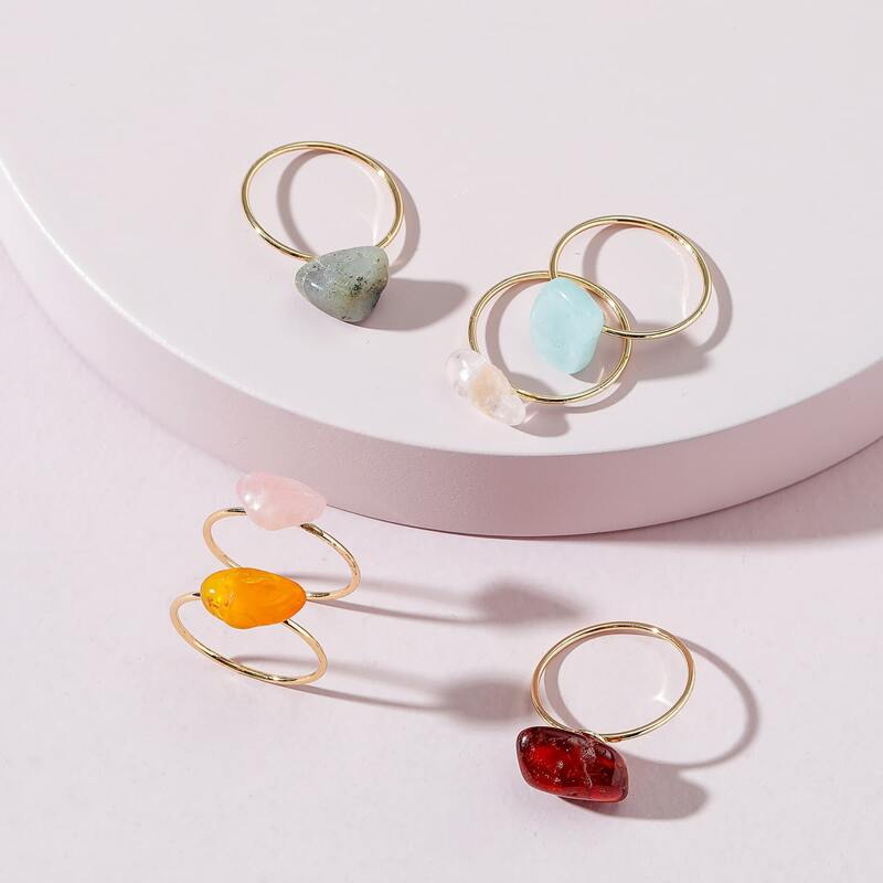 

6pcs Stone Decor Ring, Multicolor