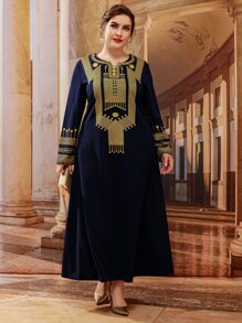 Al Najma فستان كتان مريح متوسط الطول بياقة تولي مطرز بخطوط، جلابية طويلة الأكمام - أزرق بحري - مشاهدة 1