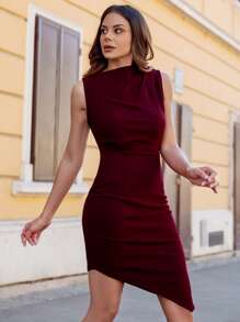 MIUSOL Đầm Bất đối xứng màu trơn Thanh lịch - Màu Tím - Xem 3