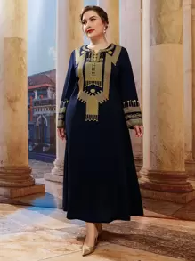 Al Najma فستان كتان مريح متوسط الطول بياقة تولي مطرز بخطوط، جلابية طويلة الأكمام - أزرق بحري - مشاهدة 3