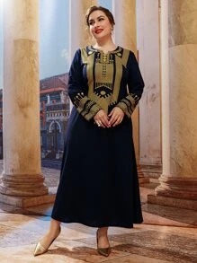Al Najma فستان كتان مريح متوسط الطول بياقة تولي مطرز بخطوط، جلابية طويلة الأكمام - أزرق بحري - مشاهدة 4