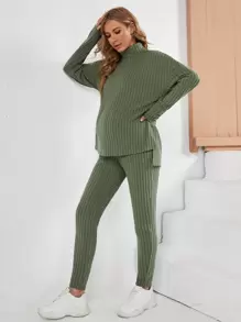 SHEIN Maternity Turtleneck Ribbed Knit High Low Hem Top & Adjustable Elastic Waist Trousers - Army Green - View 6