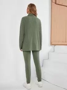 SHEIN Maternity Turtleneck Ribbed Knit High Low Hem Top & Adjustable Elastic Waist Trousers - Army Green - View 2