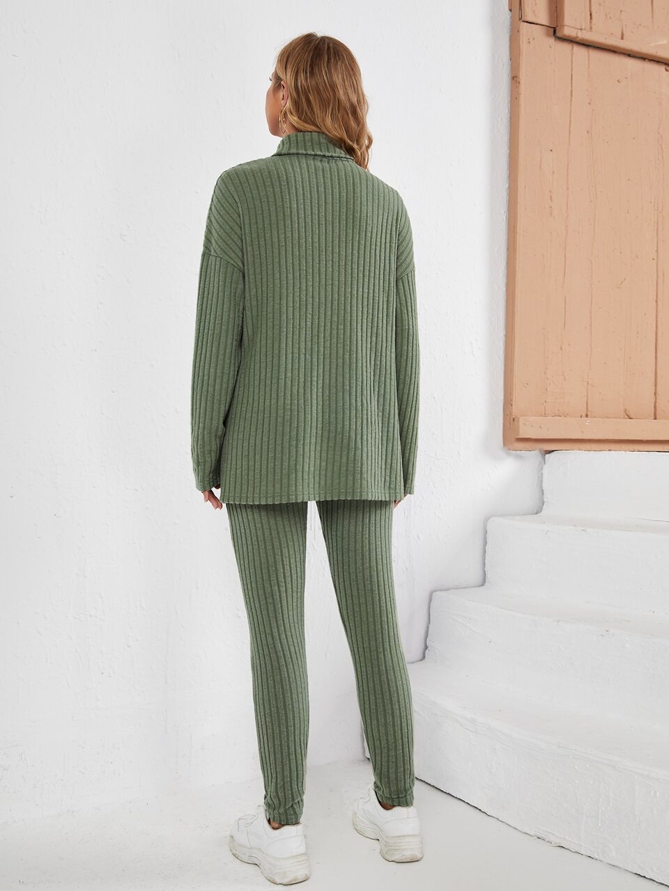 Maternity Turtleneck Ribbed Knit High Low Hem Top & Adjustable Elastic Waist Pants