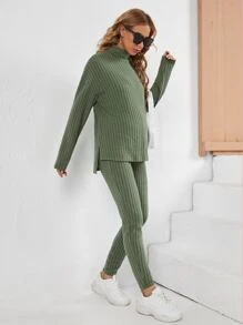 SHEIN Maternity Turtleneck Ribbed Knit High Low Hem Top & Adjustable Elastic Waist Trousers - Army Green - View 4