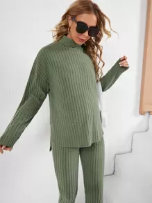 SHEIN Maternity Turtleneck Ribbed Knit High Low Hem Top & Adjustable Elastic Waist Trousers - Army Green - View 5