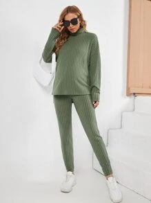SHEIN Maternity Turtleneck Ribbed Knit High Low Hem Top & Adjustable Elastic Waist Trousers - Army Green - View 7
