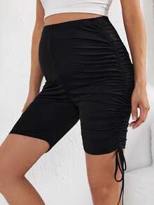 SHEIN Maternity Adjustable Elastic Waist Drawstring Side Cycling Shorts - Black - View 2