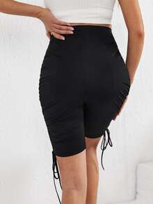 SHEIN Maternity Adjustable Elastic Waist Drawstring Side Cycling Shorts - Black - View 3