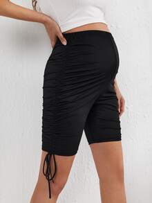 SHEIN Maternity Adjustable Elastic Waist Drawstring Side Cycling Shorts - Black - View 4