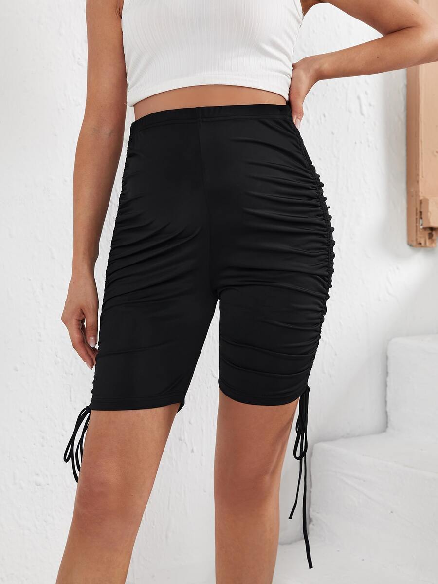 SHEIN Maternity Adjustable Elastic Waist Drawstring Side Cycling Shorts - Black - View 1