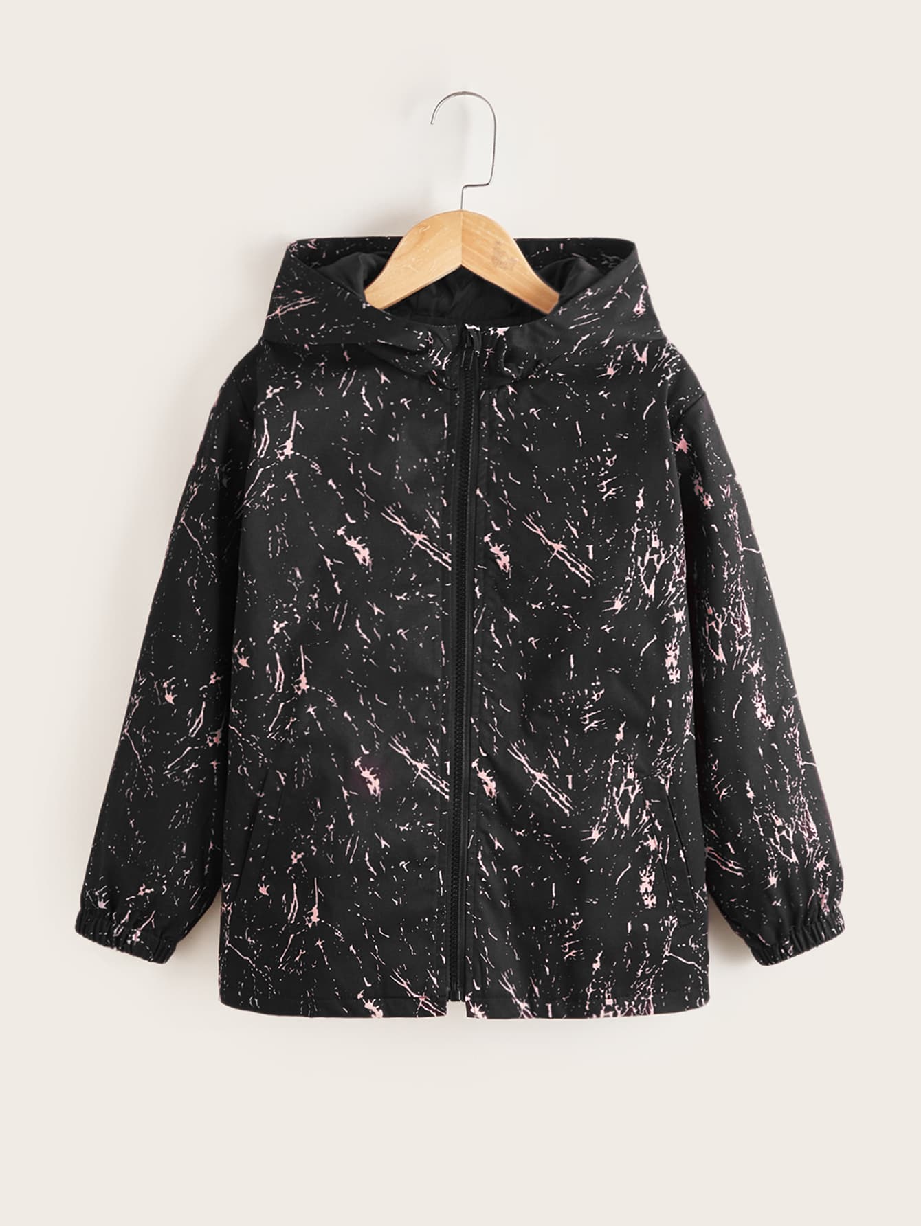 SHEIN Niños Cazadora salpicaduras de tinta cremallera con capucha - Negro - Ver 1