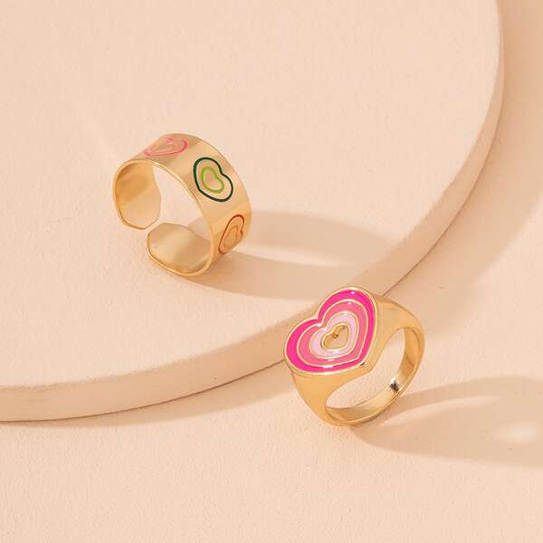 

2pcs Heart Detail Ring, Multicolor