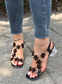 黑色花朵水晶装饰凉鞋，女士时尚水晶方跟方头裸带优雅迷人高跟凉鞋，适合夏季派对 - 黑色 - 查看 4