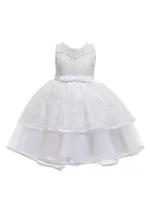 Girls' Elegant Lace Satin Tulle Solid Color Puffy Dress, Suitable For Birthday Party, Excluding Headband - White - View 1