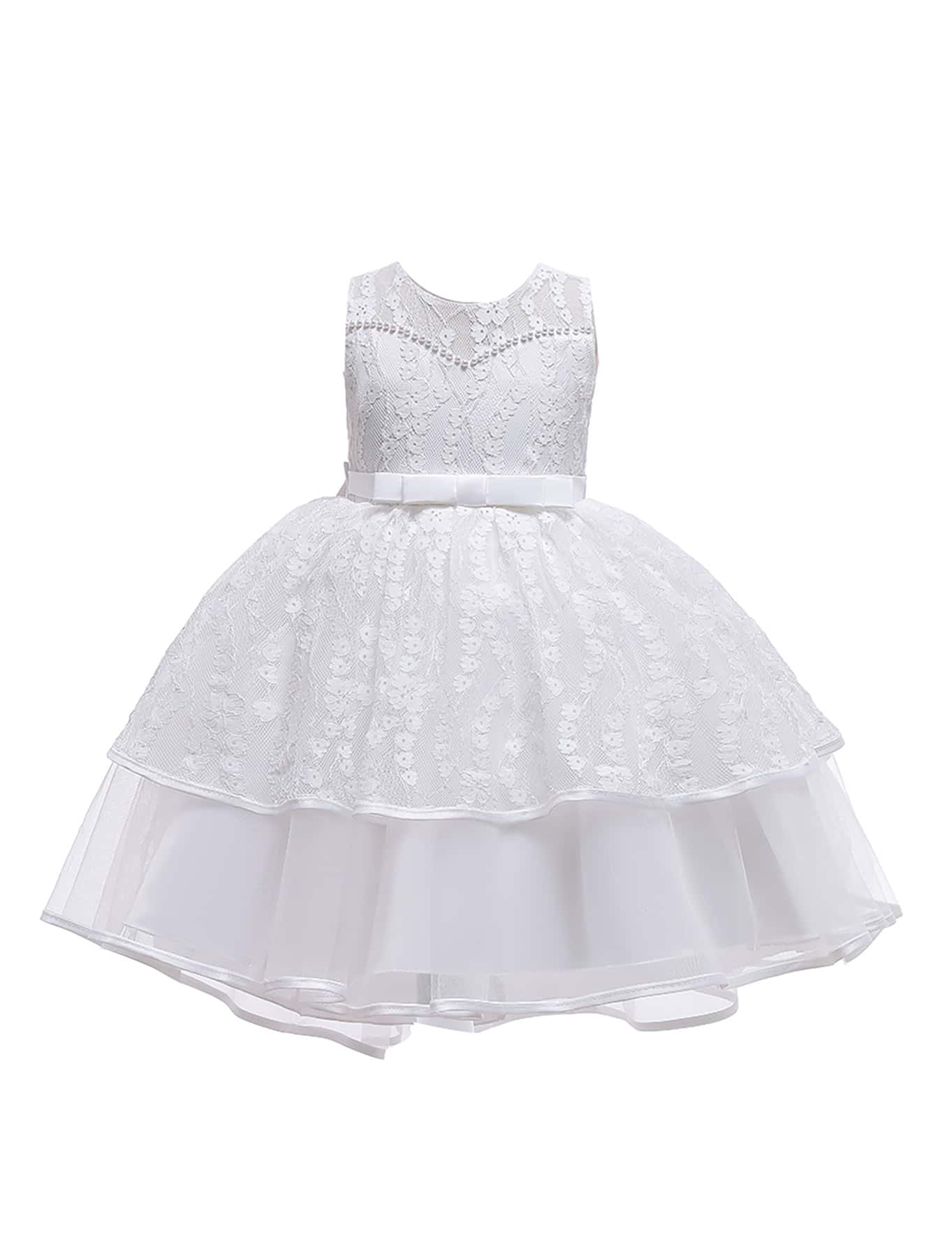 Girls' Elegant Lace Satin Tulle Solid Color Puffy Dress, Suitable For Birthday Party, Excluding Headband - White - View 1