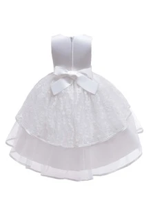 Girls' Elegant Lace Satin Tulle Solid Color Puffy Dress, Suitable For Birthday Party, Excluding Headband - White - View 2