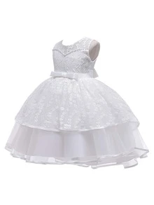 Girls' Elegant Lace Satin Tulle Solid Color Puffy Dress, Suitable For Birthday Party, Excluding Headband - White - View 3