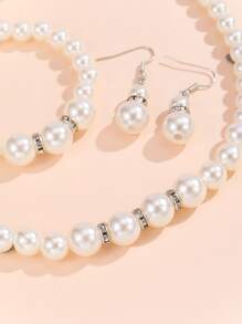 珍珠串珠項鍊和手環和耳環 - 白色 - 查看 2