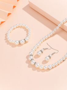 珍珠串珠項鍊和手環和耳環 - 白色 - 查看 4