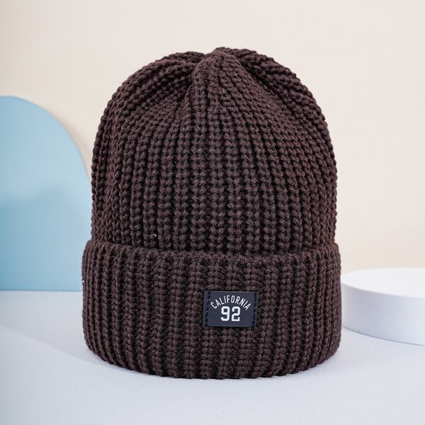 

Letter Patch Knit Hat, Coffee brown