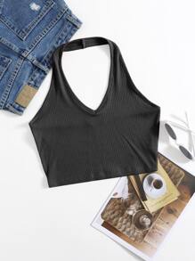 SHEIN EZwear Rib-Knit Crop Halter Top - Dark Grey - View 1
