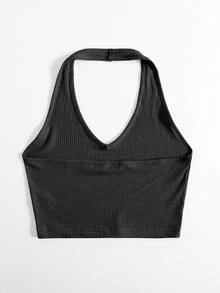SHEIN EZwear Rib-Knit Crop Halter Top - Dark Grey - View 2