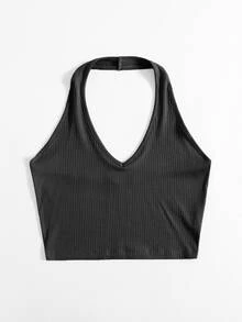 SHEIN EZwear Rib-Knit Crop Halter Top - Dark Grey - View 3