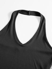 SHEIN EZwear Rib-Knit Crop Halter Top - Dark Grey - View 5