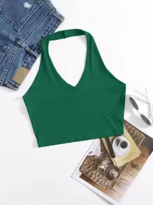 SHEIN EZwear Rib-Knit Crop Halter Top - Green - View 1
