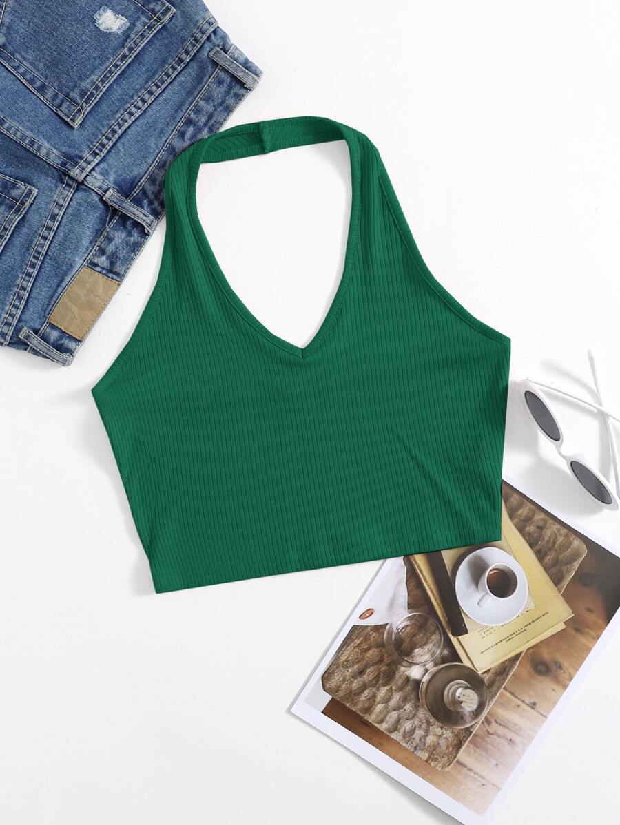 SHEIN EZwear Rib-Knit Crop Halter Top - Green - View 1