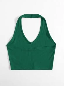 SHEIN EZwear Rib-Knit Crop Halter Top - Green - View 2