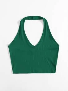 SHEIN EZwear Rib-Knit Crop Halter Top - Green - View 3